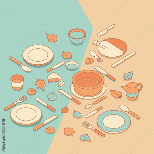 Autumnal table setting with various dishes and cutlery, showcasing a prepared place setting for a meal.
