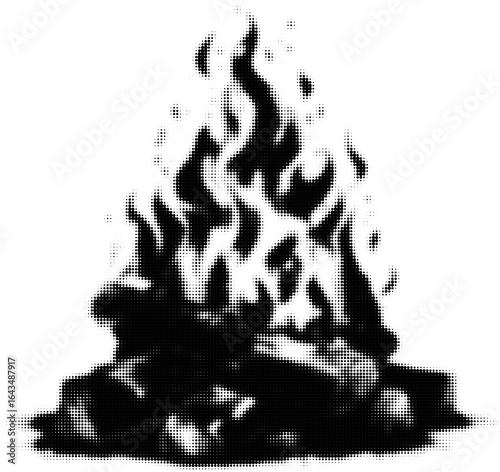 Monochrome halftone illustration of a campfire with flames and logs