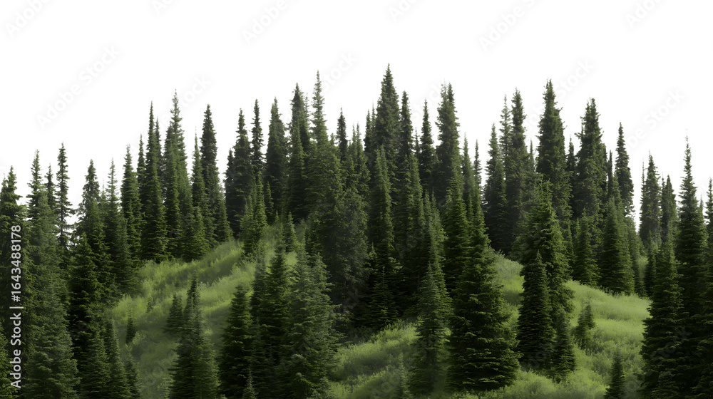 Fototapeta premium dense forest of tall, green pine trees on grassy hill isolated on white background