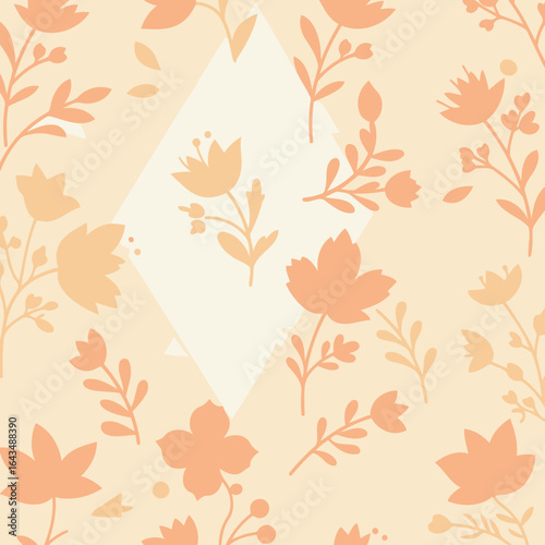 Floral pattern with peach and cream tones, featuring stylized flowers and leaves in a repeating design. Abstract triangles provide a soft background.