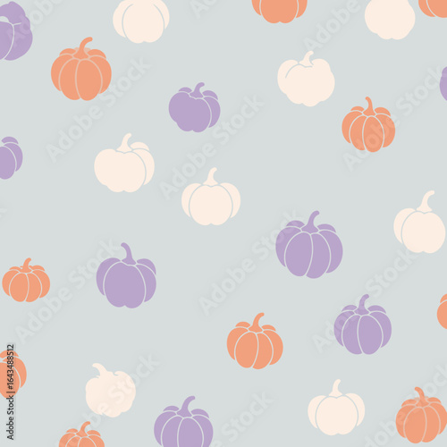 Pumpkin pattern in pastel colors with a light gray background. Simple, decorative pumpkins in orange, purple, and cream colors create a repetitive design on a subtle diagonal pattern background.