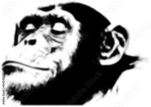 Artistic black and white halftone image of a chimpanzee with a serene expression