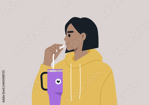 A stylish character is sipping a drink from a water tumbler through a straw, embodying a relaxed vibe, The person, dressed casually, reflects a modern lifestyle filled with hydration and leisure