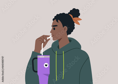 A stylish character is sipping a drink from a water tumbler through a straw, embodying a relaxed vibe, The person, dressed casually, reflects a modern lifestyle filled with hydration and leisure