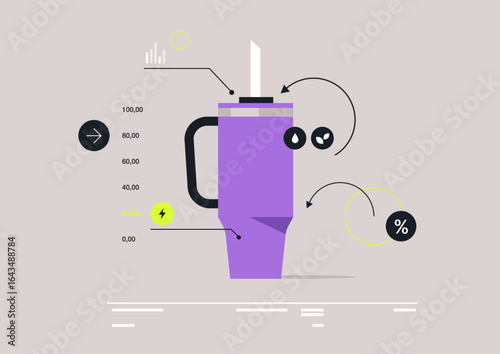 Infographics showcases a water tumbler, highlighting hydration metrics, benefits, and design features in a vibrant, eco-friendly style