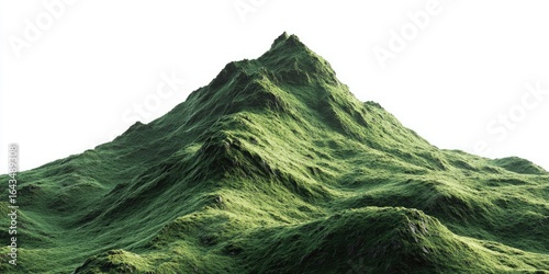 Lush green mountain peak against a white background