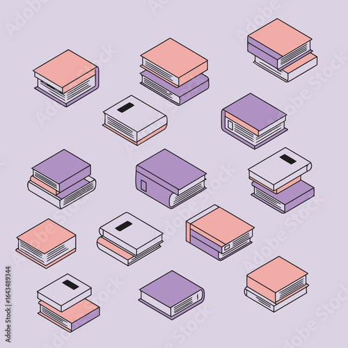 A collection of various books in pastel colors displayed in an isometric view on a light purple background. A variety of books arranged in stacks.