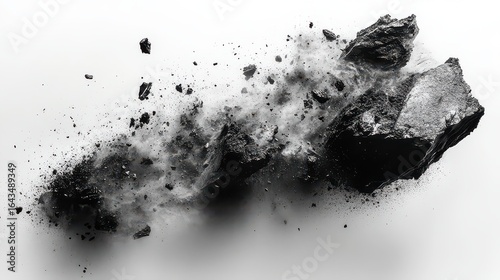 Exploding dark rock fragments against white background.