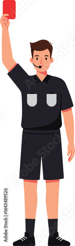 Soccer referee showing red card to player during football match vector illustration of sports official enforcing rules