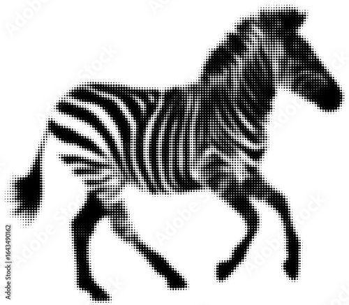 Black and white halftone zebra illustration with dynamic pose in profile view