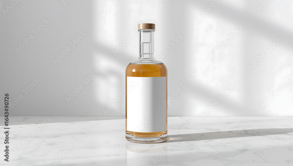 Glass Bottle Mockup with Blank Label on Marble Countertop Glass Bottle Mockup with Blank Label on Marble Countertop