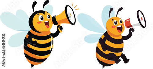 Cute cartoon bees holding megaphones shouting loud vector illustration for communication and announcement concepts