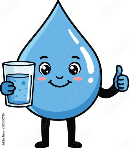 Water drop character holding glass with thumbs up smiling happy hydration concept vector illustration