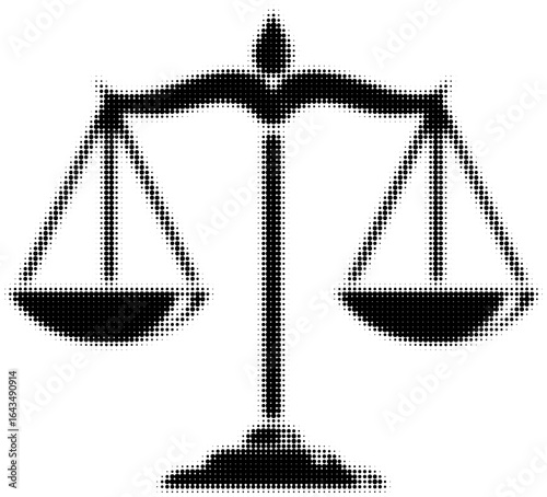 Scales of justice in black and white halftone style, symbolizing fairness