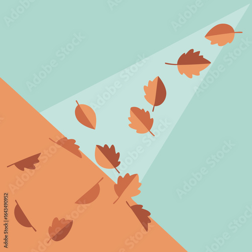 Autumnal leaves falling from the sky with a two-tone background. Falling leaves in a light mint and orange color scheme in a flat design.