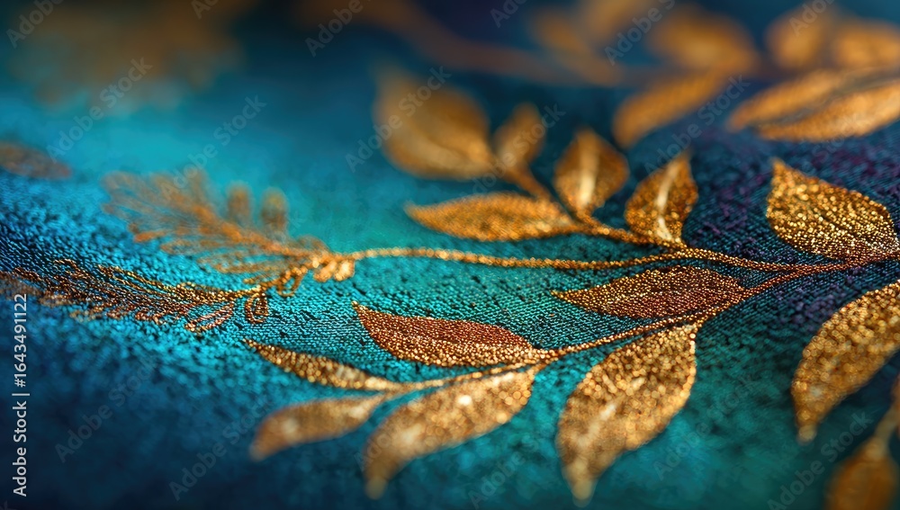 Fototapeta premium Teal fabric with gold leaf embroidery, close-up