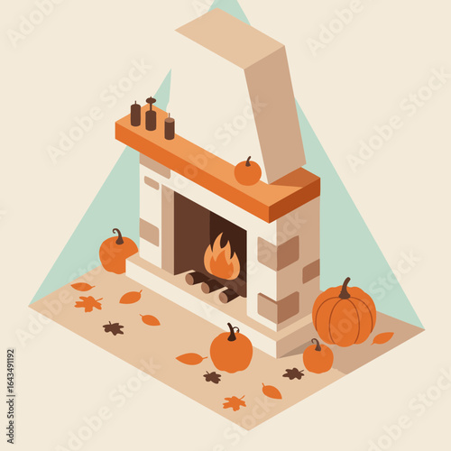 Autumnal fireplace scene with decorative pumpkins and fallen leaves. Isometric view showcasing a cozy fireplace with a warm, inviting glow.
