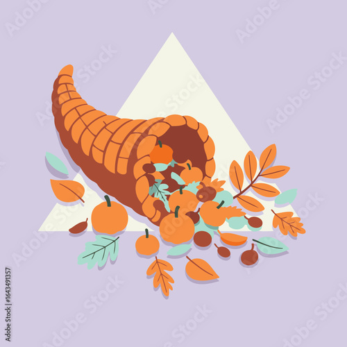 Thanksgiving cornucopia filled with pumpkins, acorns, and leaves on a muted purple background. Autumnal harvest bounty spilling from the cornucopia with seasonal details.