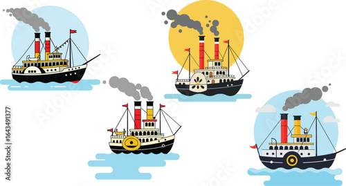Vintage steamboat vector set with paddle wheels and smoking chimneys in colorful backgrounds for design use
