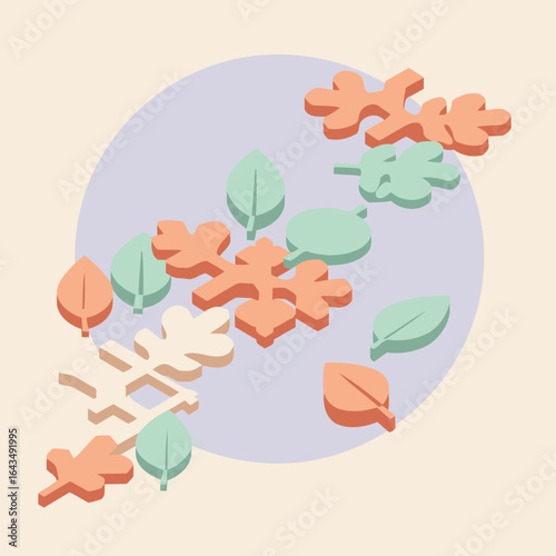 Abstract isometric leaves and snowflakes in pastel colors on a light beige background with a muted lavender circle. Autumnal design elements with a modern, flat style.
