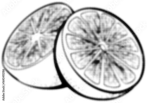 Halftone illustration of two citrus slices in black and white, graphic art style