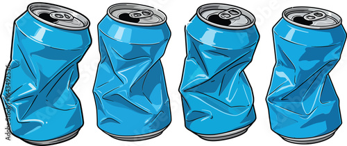 Crumpled blue aluminum cans set in vector style with realistic shading and highlights for recycling or waste concepts