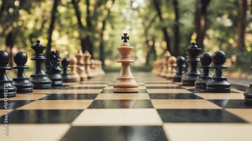 Wooden king chess piece standing on chessboard with black and white pawn pieces in outdoor park setting, symbolizing strategy and focus in peaceful natural game environment