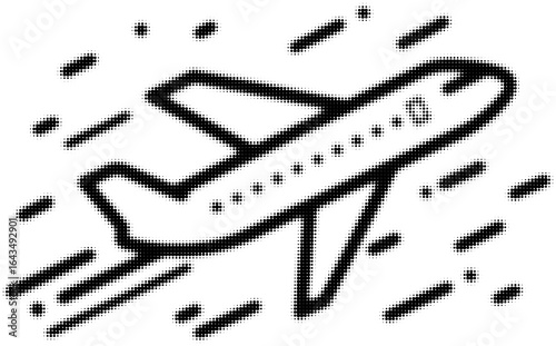 Silhouette of a plane in flight with dotted pattern design elements