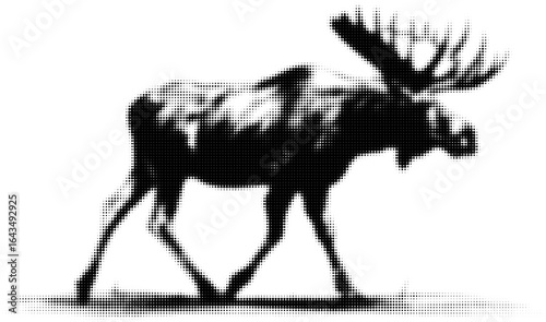 Black and white halftone illustration of a walking moose with large antlers
