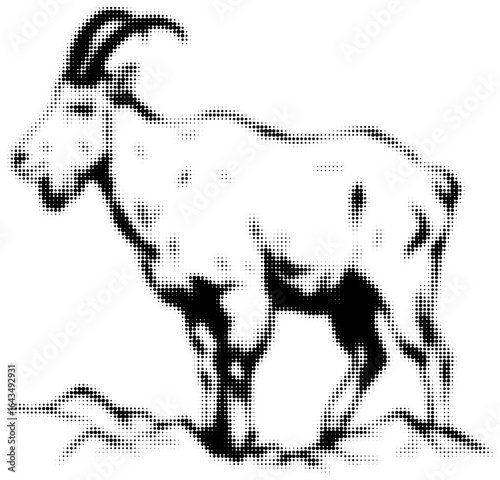 Halftone illustration of a goat with horns standing on rocky ground