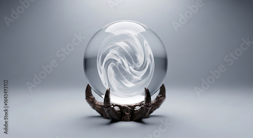 Crystal ball with swirling white smoke on a claw stand