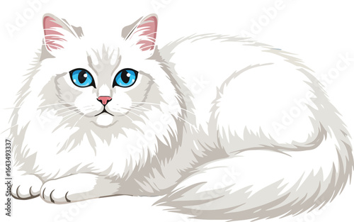 White fluffy cat with bright blue eyes lying down calm and relaxed vector illustration