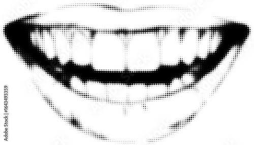 Black and white halftone close-up of a wide smile with visible teeth