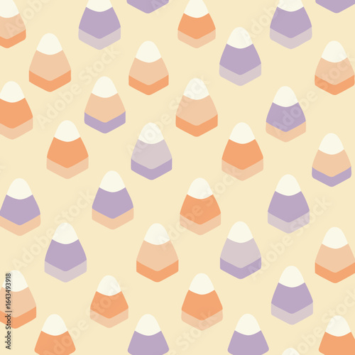 Candy corn shapes in muted pastel colors on a pale yellow background. Repeating pattern of stylized candy corn treats.