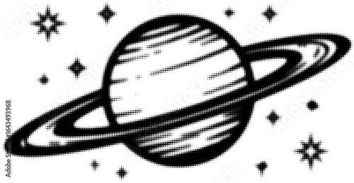 Vintage black and white illustration of saturn with rings and stars in halftone style