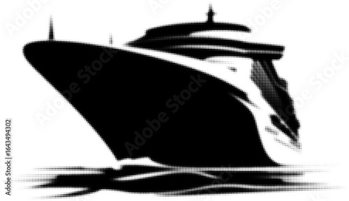 Monochrome halftone illustration of a cruise ship on calm waters