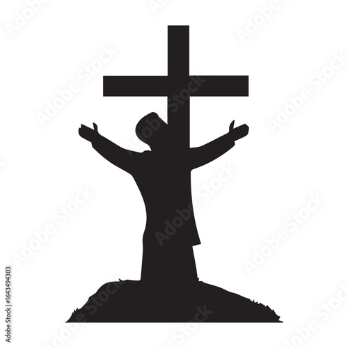 Silhouette of a man kneeling in prayer before a cross, isolated on white background, symbolizing faith, religion, and spirituality in christianity