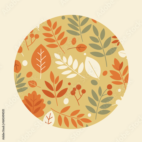 Autumnal leaf and berry circular design in muted colors. Simple, decorative pattern of leaves, berries, and branches in muted autumnal tones with a circle cut out from a pale yellow background.