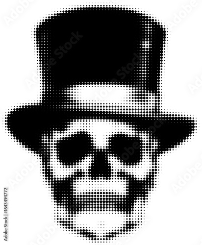 Halftone black skull with top hat in dotted style, monochrome art illustration