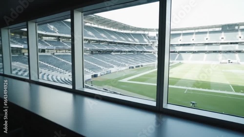 An exclusive view from a luxury box window overlooking a large, empty professional sports stadium with green grass.