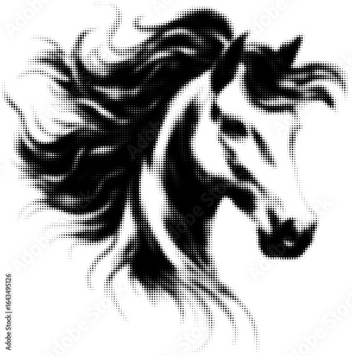 Stylized black and white horse illustration with flowing mane