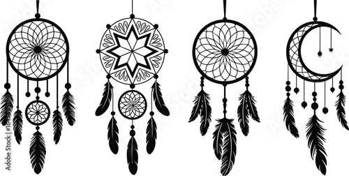 Boho dreamcatchers set with moon, triangle, eye, butterfly and feathers, spiritual tribal vector design, sacred geometric silhouette illustration for decor