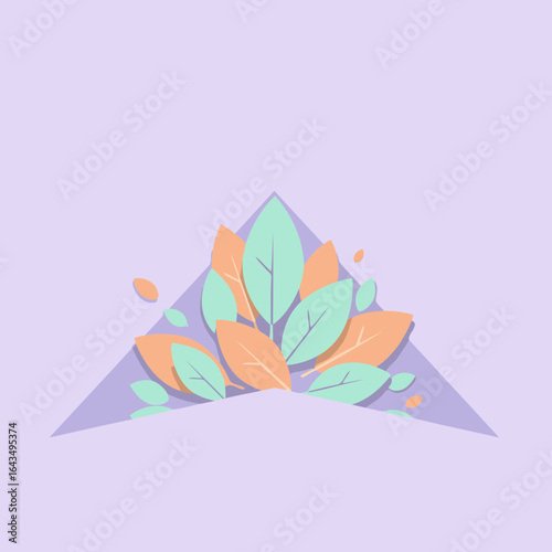 Pastel leaves in a decorative arrangement on a muted purple background. Geometric composition with a softly layered, artistic design.
