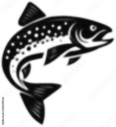 Black and white dotted halftone illustration of a jumping trout