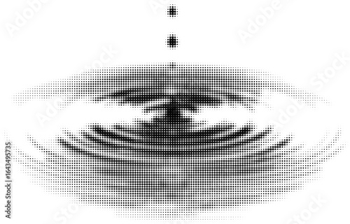 Monochrome water droplet creating ripples in a stylized halftone pattern