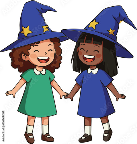 Two happy girls holding hands wearing blue wizard hats with yellow stars in colorful dresses vector illustration