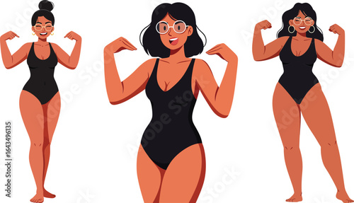 Confident woman in black swimsuit showing muscles healthy body positivity summer fashion vector illustration