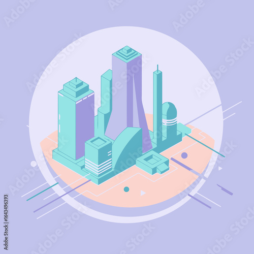 Pastel cityscape with stylized buildings in mint green and lavender hues. Isometric view of modern architectural structures with abstract background.