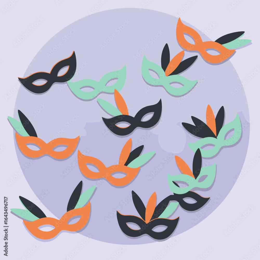 Naklejka premium Carnival masks in orange and black with mint green feathers, scattered on a light purple background with bubbles. Colorful masks in a festive design for celebration, party, and event use.
