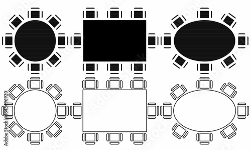 Vector illustration ,icon top view of meeting room table layouts in round, oval, and rectangular shapes with chairs, ideal for floor plans, architecture, interior design, and office planning.